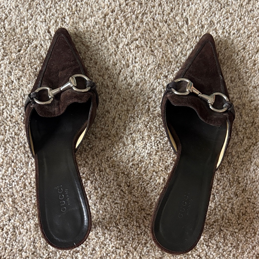 Gucci Dark Brown Suede Horsebit Pointed Mules